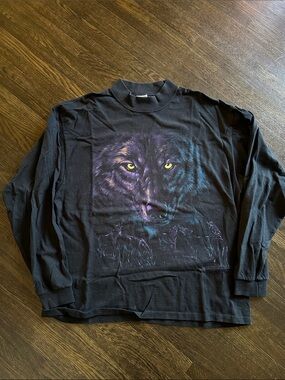 Vintage Black Long Sleeve Tee with Wolf Pack at Night size XL